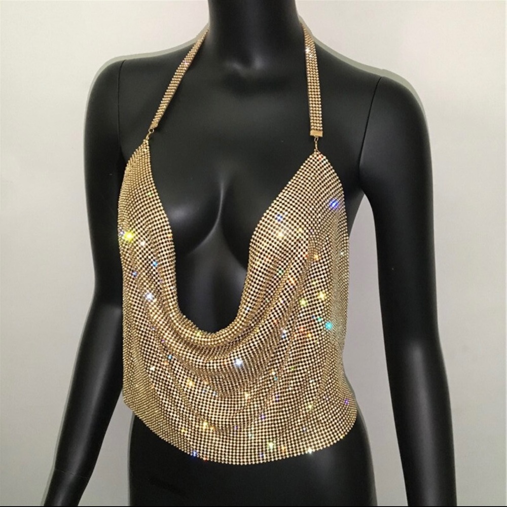 🎉Just In🎉Backless Metal Mesh Halter Crop Top - Picture 3 of 6